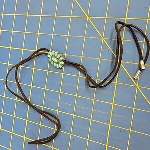 Bolo Turquoise Oval Stone Silver Tone Black Suede